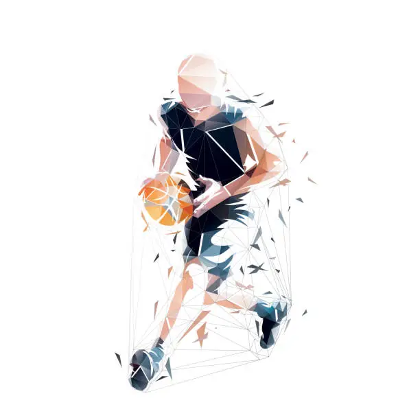 Vector illustration of Basketball player with ball, low polygonal isolated vector illustration. Geometric basketball logo from triangles, front view
