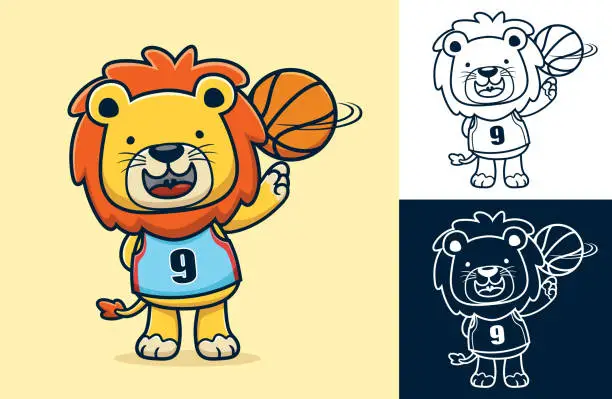 Vector illustration of Vector cartoon illustration of cute lion the basketball player twisting the ball
