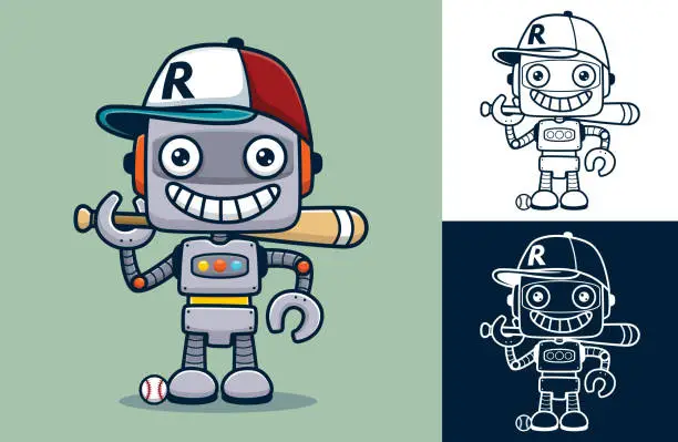 Vector illustration of Vector illustration of funny robot cartoon wearing baseball cap with baseball equipment