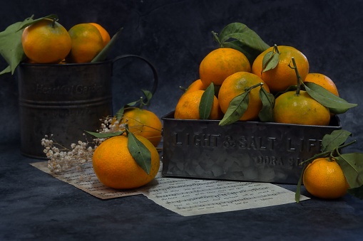 A beautiful shot of mandarins, notes, and a flower on a grey background