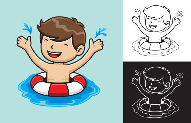 illustrations, cliparts, dessins animés et icônes de illustration vectorielle d’un garçon de dessin animé utilisant une bouée de sauvetage sur l’eau - swimming pool child swimming buoy