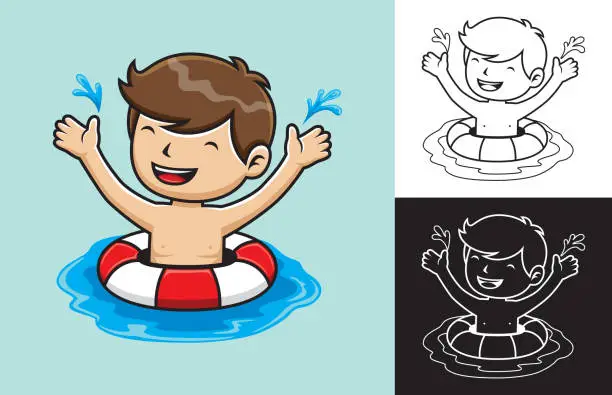 Vector illustration of Vector illustration of cartoon boy use lifebuoy on water