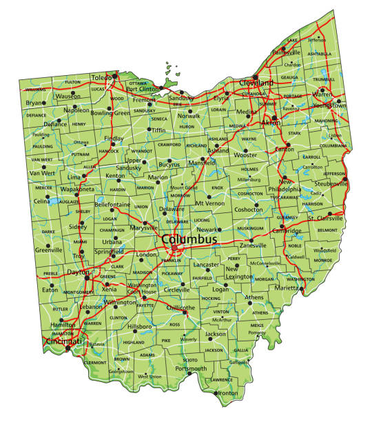 szczegółowa mapa fizyczna ohio z etykietowaniem. - ohio map county cartography stock illustrations
