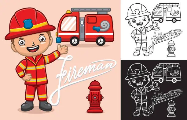 Vector illustration of Vector illustration of cartoon boy in fireman uniform with firetruck and fire hydrant