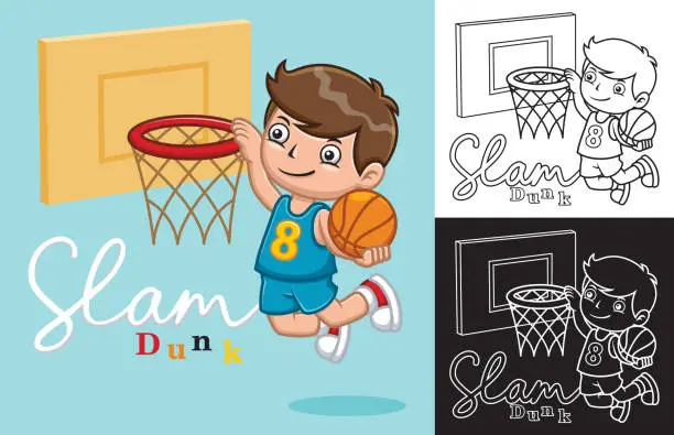 Vector illustration of Vector illustration of cartoon kid boy playing basketball