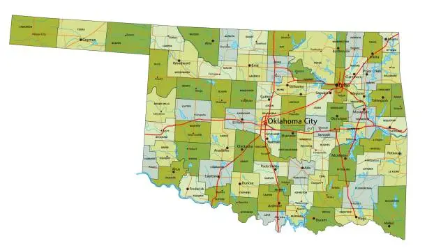 Vector illustration of Highly detailed editable political map with separated layers. Oklahoma.
