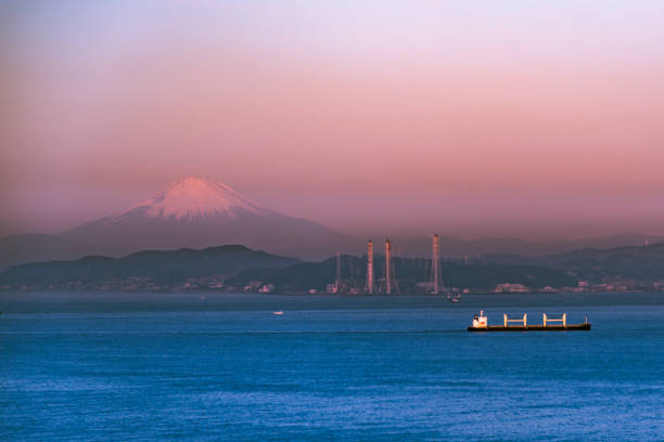istock Freighter sailing near Mount Fuji in Japan at sunset 1461592979