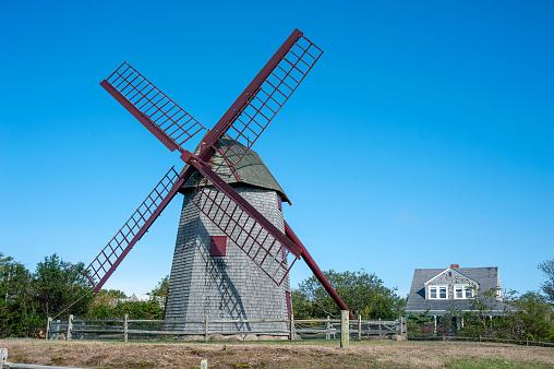 Old Mill, the oldest functioning wooden windmill in the United States used to grind corn. Nantucket, Massachusetts