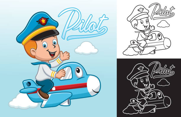 ilustrações, clipart, desenhos animados e ícones de ilustração vetorial do menino dos desenhos animados no uniforme do piloto sentado no avião engraçado - airplane black and white fun child