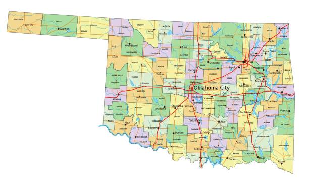 ilustraciones, imágenes clip art, dibujos animados e iconos de stock de oklahoma - mapa político editable altamente detallado con etiquetado. - oklahoma tulsa map cartography