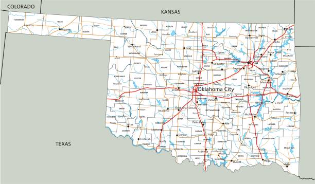 illustrazioni stock, clip art, cartoni animati e icone di tendenza di mappa stradale dell'oklahoma altamente dettagliata con etichettatura. - oklahoma tulsa map cartography