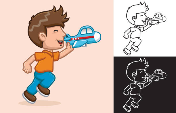 ilustrações, clipart, desenhos animados e ícones de ilustração vetorial do menino dos desenhos animados que corre enquanto segura o brinquedo do avião - airplane black and white fun child