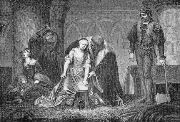 Beheading of Lady Jane Grey in the Tower of London, year 1554 Beheading of Lady Jane Grey in the Tower of London, year 1554 lady jane grey stock illustrations