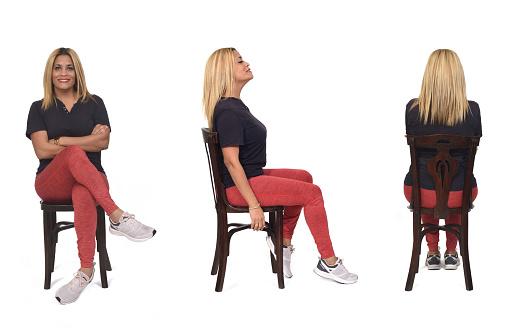 back, side and front view of same women ssitting on chair on white background