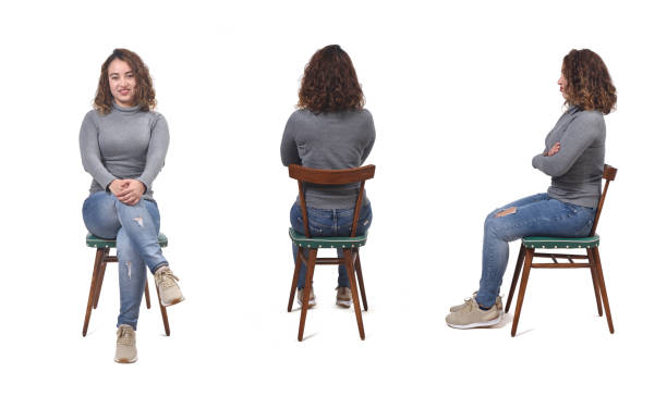 istock front, side and back view of same woman sitting on chair with jeans on white background 1461594665
