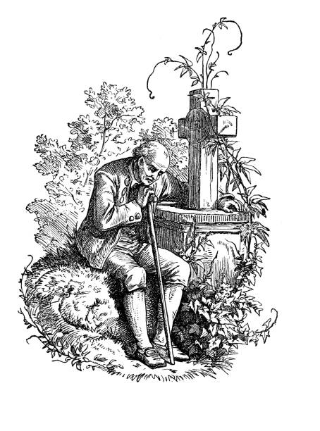 ilustrações de stock, clip art, desenhos animados e ícones de sorrow: eldery vidow on the grave of his death wife, vintage engraving - cemetery tombstone grave old