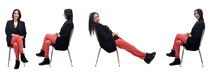 group of same woman various poses siiting on chair on white background