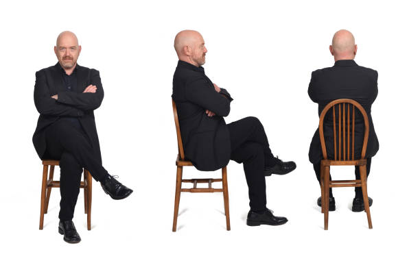 白い背景に椅子に座っている男性の正面、側面、背面図 - back to front rear view men people ストックフォトと画像