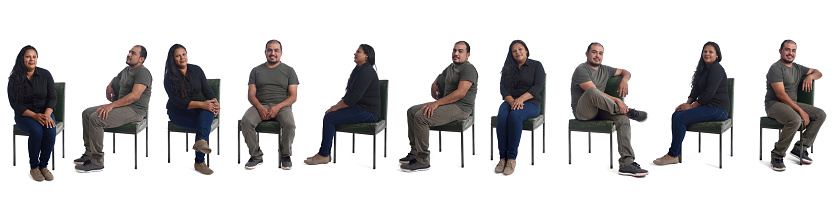 line of a various poses of same woman and man sitting on the chair on white