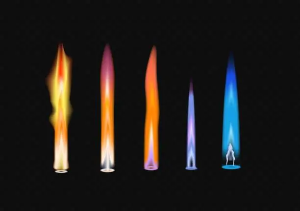 Vector illustration of Jet flames. Blue blasting fire aviation fueling futuristic rocket engine flame decent vector realistic templates