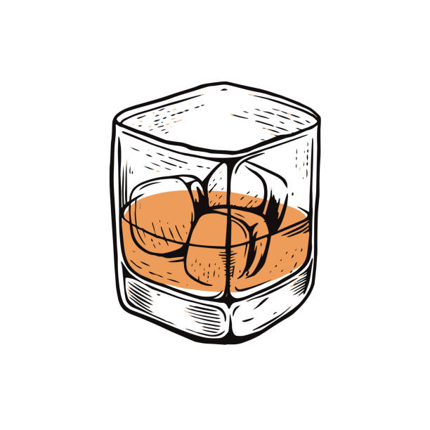 알코올 칵테일 손으로 그린 위스키 기호 벡터 아트 삽화. - whisky ice cube glass alcohol stock illustrations