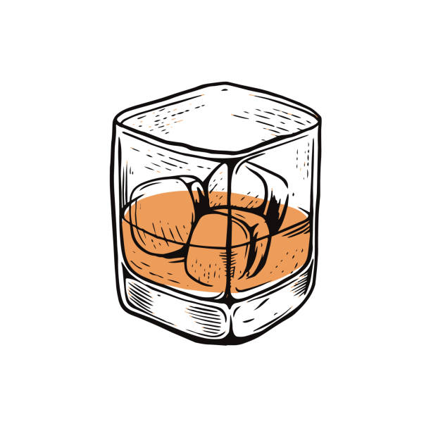 koktajl alkoholowy, ręcznie rysowany znak whisky, ilustracja wektorowa. - whisky glass ice cube alcohol stock illustrations