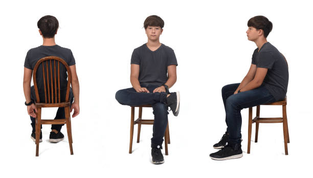 back, front and side view of same teen sitting on chair on white backgroud back, front and side view of same teen sitting on chair on white backgroud ass boy stock pictures, royalty-free photos & images