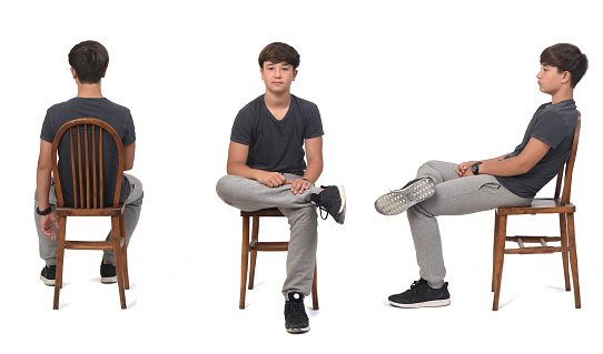 back, front and side view of same teen sportswears sitting on chair on white backgroud