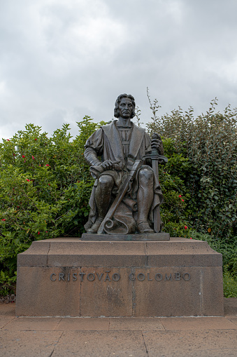A closeup of a scultpture of Christopher Columbus, Madeira
