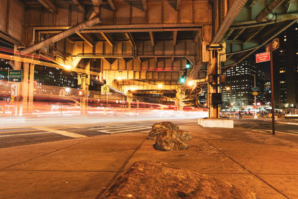 The long exposure car lights on a Brooklyn Bridge