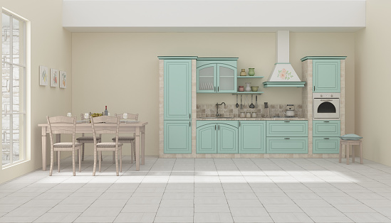 Colorless 3D rendering of kitchen interior