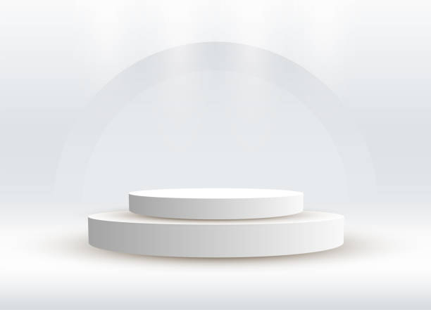 istock Two Abstract podium silver cylinder pedestal stage. A white empty stage concept with semi circle glowing neon lighting 1461600353