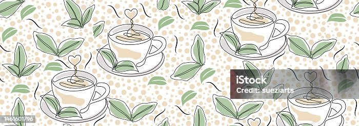 istock Seamless pattern of cup of tea with green tea leaves and dots. Minimal tea line art. Vector illustration. 1461601796