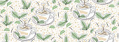 istock Seamless pattern of cup of tea with green tea leaves and dots. Minimal tea line art. Vector illustration. 1461601796