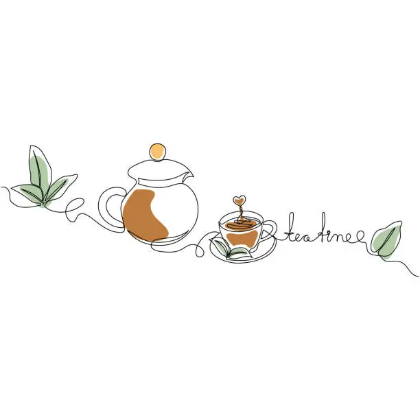 Vector illustration of Tea time concept - Continuous one line drawing of green tea leaves teapot and cup of tea. Vector minimalistic line art.