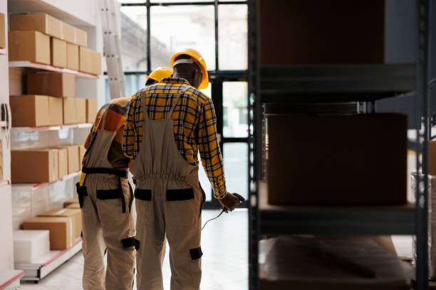 retail storehouse employees scanning box, checking product in stock - 3666 imagens e fotografias de stock