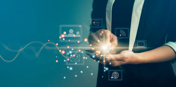 istock Technoloy and business. Businesswoman touching smartphone screen. Digital data icon and networking. 1461602452