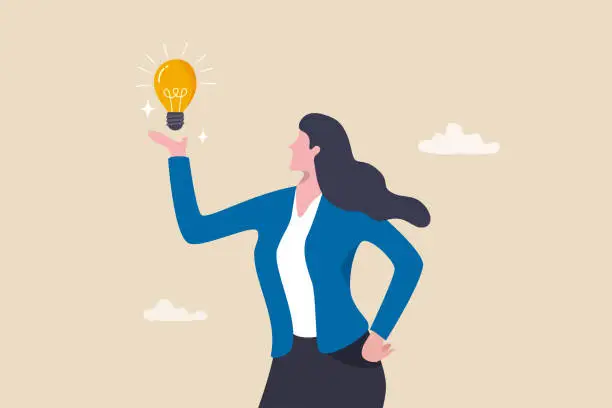 Vector illustration of Businesswoman holding lightbulb idea, female or woman leader, solution to solve problem, creativity, imagination or brilliant business idea, entrepreneurship, discover new inspiration concept.