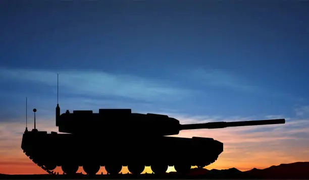 Vector illustration of Silhouette of a battle tank on a battlefield