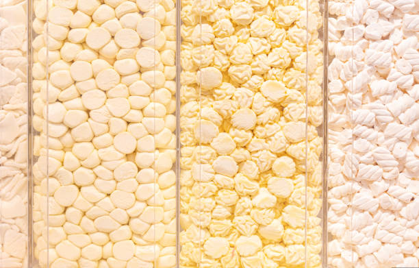 Pastel yellow marshmallows in a shop window