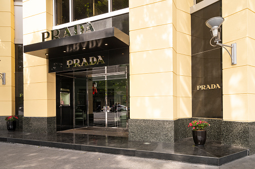 Hanoi, Vietnam, January 2023. External view of the Prada luxury brand store in the city center