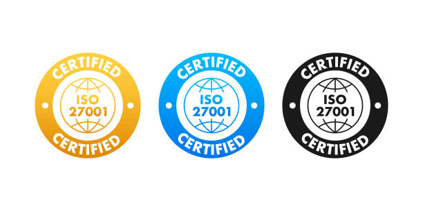 ISO 27001 Certified badge, icon. Certification stamp. Flat design vector illustration. ISO 27001 Certified badge, icon. Certification stamp. Flat design vector illustration industrial music stock illustrations