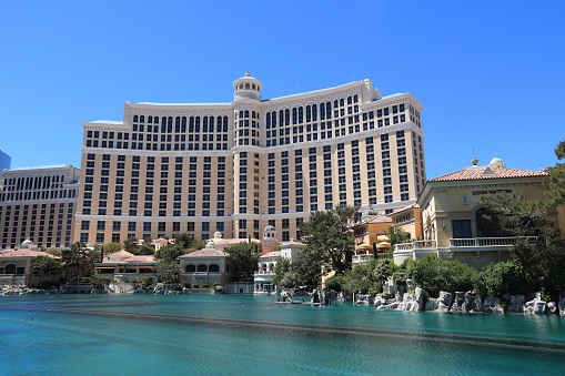 Las Vegas,  Nevada,  USA. 09,15. 2022. Beautiful view of pond infront of Bellagio hotel on blue sky background.