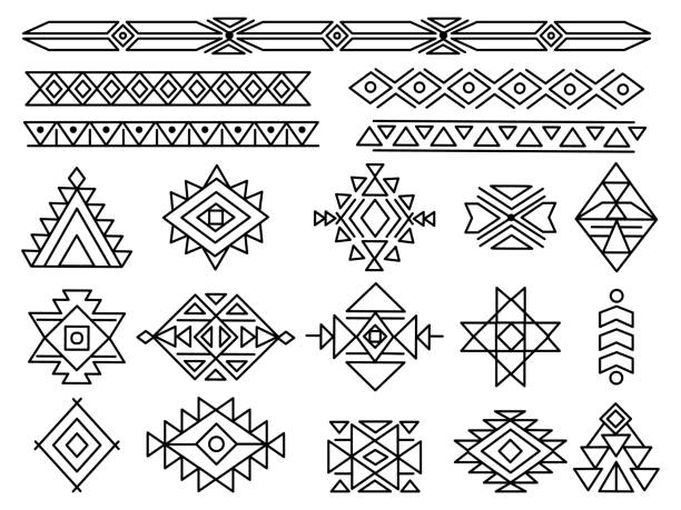 Aztec tribal boho ornaments. Navajo mexico geometric tattoo, ethnics maya symbols. Isolated african motif design, peruvian decent vector elements vector art illustration