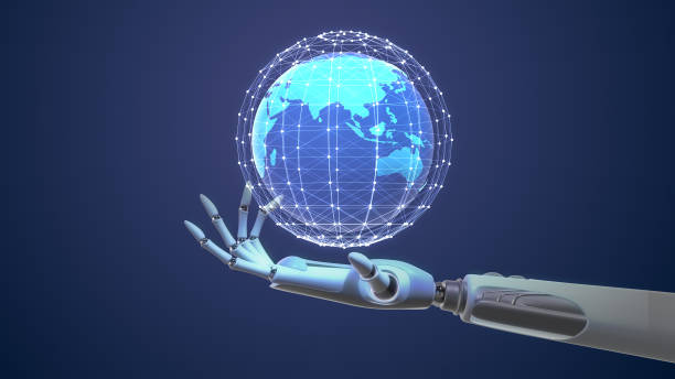 A robotic hand is holding the world with plexus