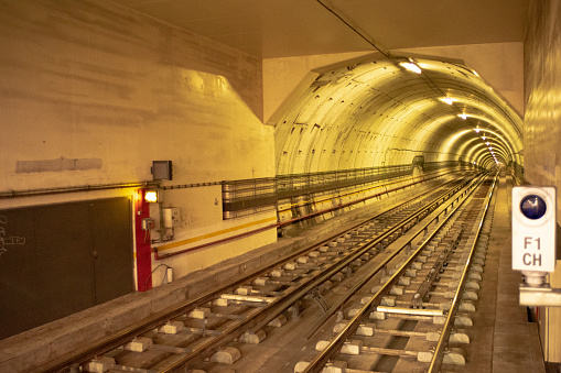 Underground tunnel of Terreiro do Paço metro station in Lisbon without train