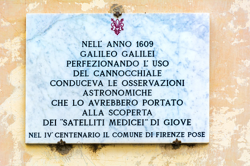 FLORENCE, ITALY - MAY 11, 2019: Nell' anno 1606 Galileo Galilei perfezionando l' uso del cannocchale conduceva le asservazioni astronomiche che lo avrebbero portato alla scoperta dei \