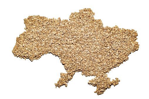 grain on a white background in the shape of a map of Ukraine. In the outline of the map. Export of agricultural products. Food industry of Ukraine. A large amount of flattened oatmeal in the shape of a coun