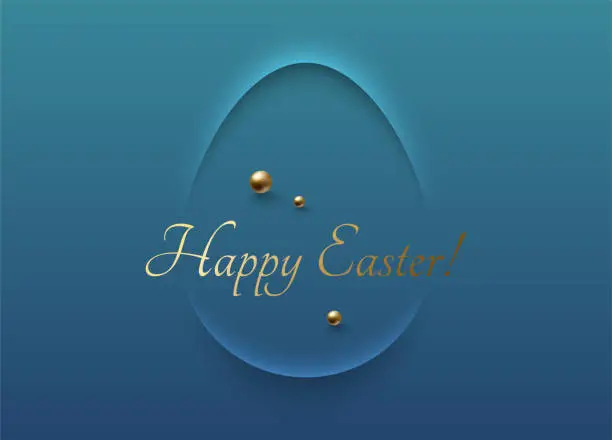 Vector illustration of Easter greeting card pastel blue soft 3D egg shape abstract frame design. Happy Easter text with gold pearl beads. Vector design blue background. Minimal holiday poster, greeting card, banner