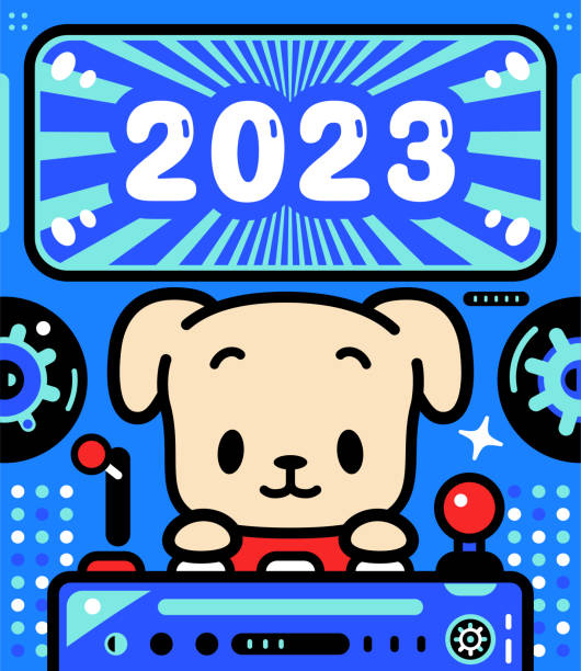 ein süßer hund steuert ein raumschiff mit unbegrenzter macht und feiert die ankunft von 2023 - driving speed humor video game stock-grafiken, -clipart, -cartoons und -symbole
